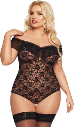 Softline - Kamila - Dames Lingerie Plus Size - Kanten Jurkje - Super Strakke Doorschijnende Chemise - Sexy Kanten Lingerie Set met Bloemen - Grote Maat - Uitdagende Bodystocking - Erotisch Setje - Zwart - XL — thumbnail 1