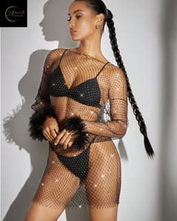Sexy Visnet Jurk – Erotische Lingerie Vrouwen – Netjurk – Cover up – Lichaamssierraad – Body Ketting – Chique & Sexy – Sexy LIngerie – Erotische Jurk met Strasssteentjes & Veren – Party Dress – Classy Clubwear – Trendy – Dare to Undress – One Size — thumbnail 6