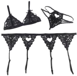Sexy Lingerie - 3-delige Luxe Erotische Lingerie Set - BH in Kanten Cups met Strikjes - Jarretel en String met hartvorm - Erotiek - Valentijnsdag - kleur Zwart - Maat XS-S — thumbnail 6