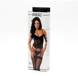 Amorable - Zwart Kanten torselet Met String En Kousen M — thumbnail 4