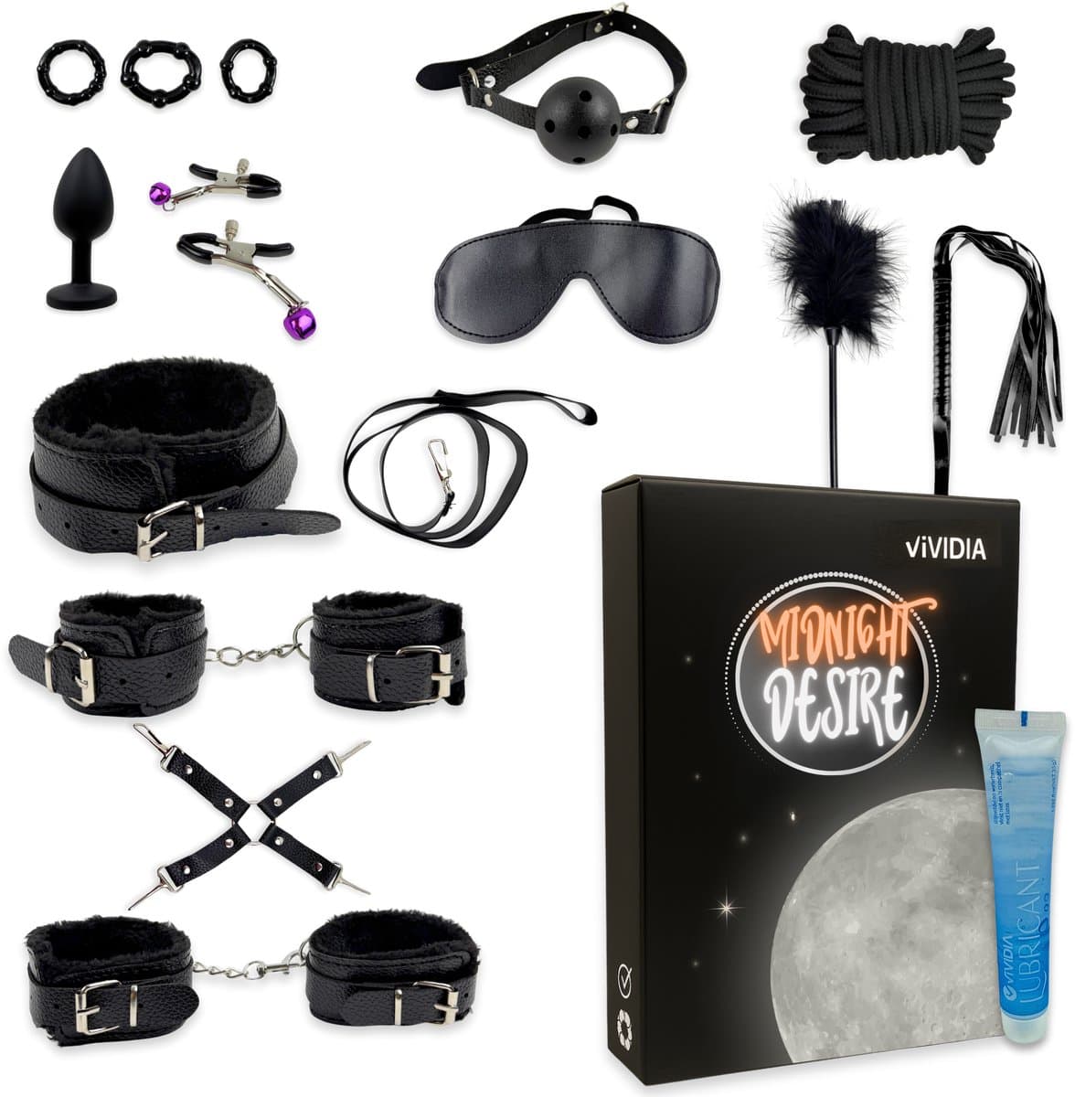 VIVIDIA Midnight Desire – Premium BDSM Bondage Set voor Koppels – Bondage Touw, Handboeien, Enkelboeien, Hogtie Straps, Tepelklemmen, Zweep, Kietelveer, Buttplug, Cockrings, Masker, Gag Ball & Halsband met Lijn – Sex Toys voor Mannen & Vrouwen — afbeelding 1