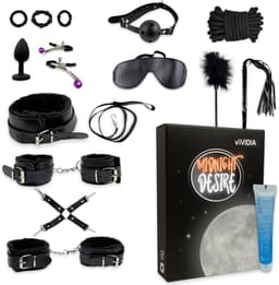 VIVIDIA Midnight Desire – Premium BDSM Bondage Set voor Koppels – Bondage Touw, Handboeien, Enkelboeien, Hogtie Straps, Tepelklemmen, Zweep, Kietelveer, Buttplug, Cockrings, Masker, Gag Ball & Halsband met Lijn – Sex Toys voor Mannen & Vrouwen — thumbnail 1