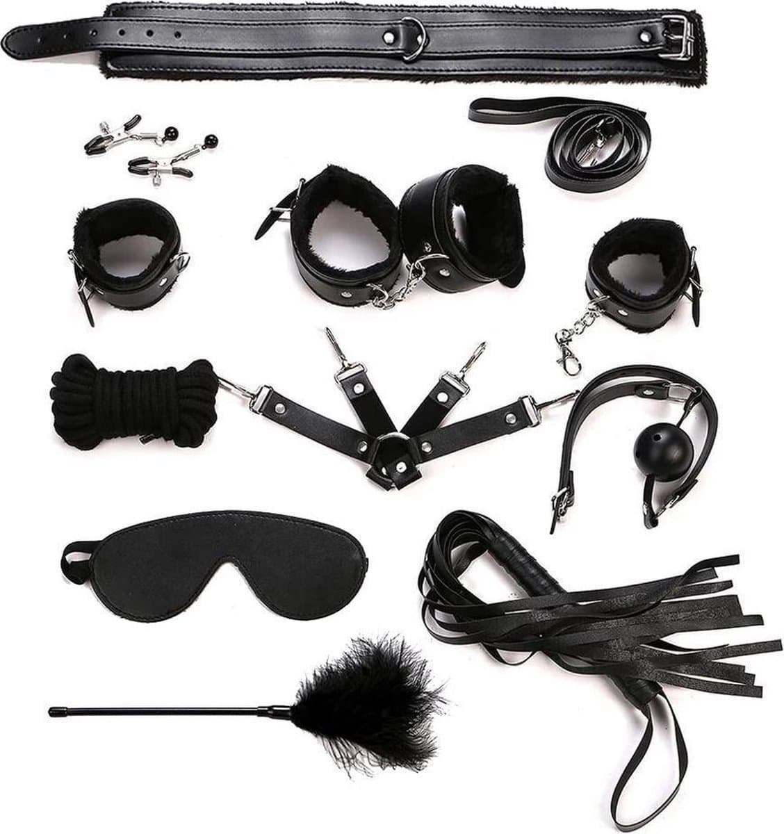 LOUZIR Bondageset | BDSM set | Bondage set | BDSM Toy set 10 delig | Luxe Sex Speeltjes Kit Met Tepelklemmen, halsband, handboeien, enkelboeien, bondage touw, masker en zweep & gag ball, bondageset ZWART — afbeelding 1