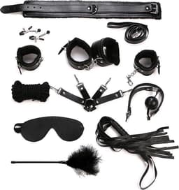 LOUZIR Bondageset | BDSM set | Bondage set | BDSM Toy set 10 delig | Luxe Sex Speeltjes Kit Met Tepelklemmen, halsband, handboeien, enkelboeien, bondage touw, masker en zweep & gag ball, bondageset ZWART — thumbnail 1