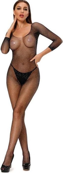 Zwarte sexy Lingerie set / uitdagende body / one size body / Zwarte Visnet Catsuit met glitters / porno lingerieset — thumbnail 4