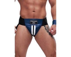 Mister B leren circuit jockstrap blauw met witte bies - large