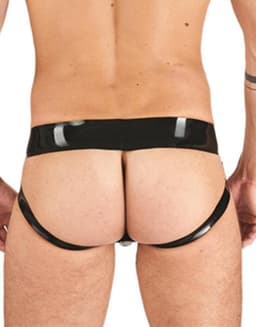 Mister B Rubber Jock Strap Zwart met witte streep - medium — thumbnail 2