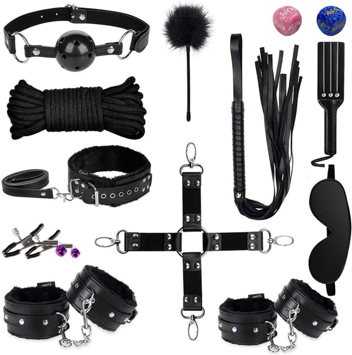 DOWO® - BDSM Extreme Bondage Set - 16 Delig - Erotische Dobbelsteen - SM Handboeien - Zweep / Veer / Zweepje - Sex Toys voor Koppels - Seksspeeltjes voor Mannen en Vrouwen - Sex Pakket en Toys - Zwart — afbeelding 1