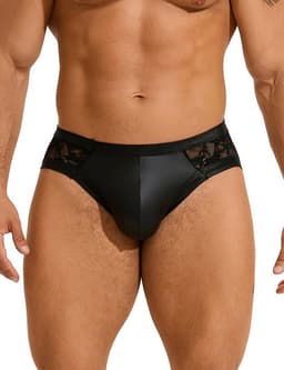 Sexy heren slips van leer en kant - maat L/XL - BDSM - black sexy leather lace men underwear - clubwear heren latex ondergoed erotiek mannen — thumbnail 1