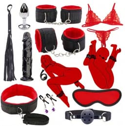Oneay BDSM Bed Bondage Set - 10 Delig - SM Handboeien - Bedboeien - Enkelboeien - Springzweep - Blinddoek - Sex Toys voor Koppels - Seksspeeltjes voor mannen en vrouwen - Rood — thumbnail 1