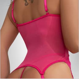 Elana – Amara – Verleidelijke Kanten Bustier Set met Kousen en Slip – Sexy Dames Lingerie – Roze - L — thumbnail 2