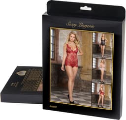 Sexy Lingerie - Erotische Kanten Babydoll met Satijnen Strik op achterkant met bijpassende Kanten String - Sexy Teddy - Neglige - Erotiek - kleur Zwart - Maat XL-2XL — thumbnail 6