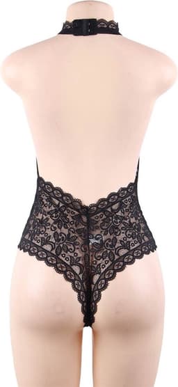 Sexy Lingerie - Erotische Zwarte Glamour Halter body van Kant met open rug - Sexy Teddy - Kanten Body - Open Cups - Erotiek - Valentijnsdag - kleur Zwart - Plus Size - Maat XS-S — thumbnail 15