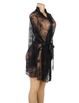 Zeloria Kanten Kimono Set met String – Transparante Sexy Nachtmode – Zwart – XL/XXL — thumbnail 8