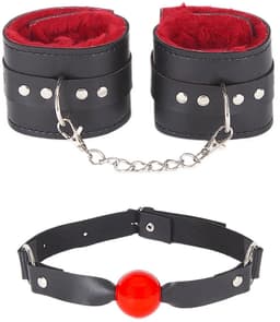 Zwarte kunstlederen boeien- en gaggaset standaardmaat handgemaakt accessoire — thumbnail 1