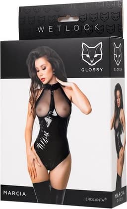 Glossy Wetlook body met open cups en open kruis- verleidelijke bodysuit met harnaslook op de hals- Marcia M — thumbnail 5