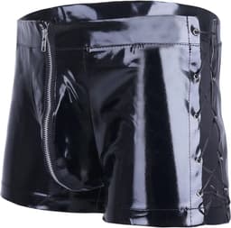 Korte porno broek mannen - Latex wetlook - Open pijpen met touw - Open kruis functie - Short — thumbnail 3