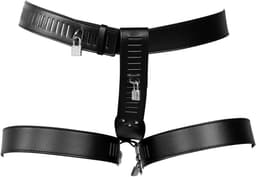 PU Leather Female Chastity Belt with Leg Restraint - Black — thumbnail 12