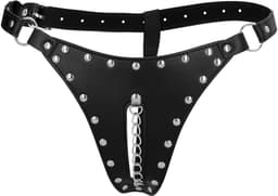 PU Leather Chastity Thong with Chain Detail - Black — thumbnail 11
