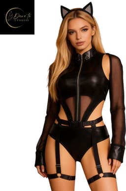 Latex Wetlook Bodysuit – Sexy 3-Delige Lingerieset Dames – Mesh Lingerie Erotisch – Zwarte Kinky Kitten – Rollenspel – Lingerie Erotisch – Inclusief Kattenoren – Leren PU Body – Leatherlook – Nachtkleding – BDSM – Clubwear – Wasteland – S, M, L, XL — thumbnail 3