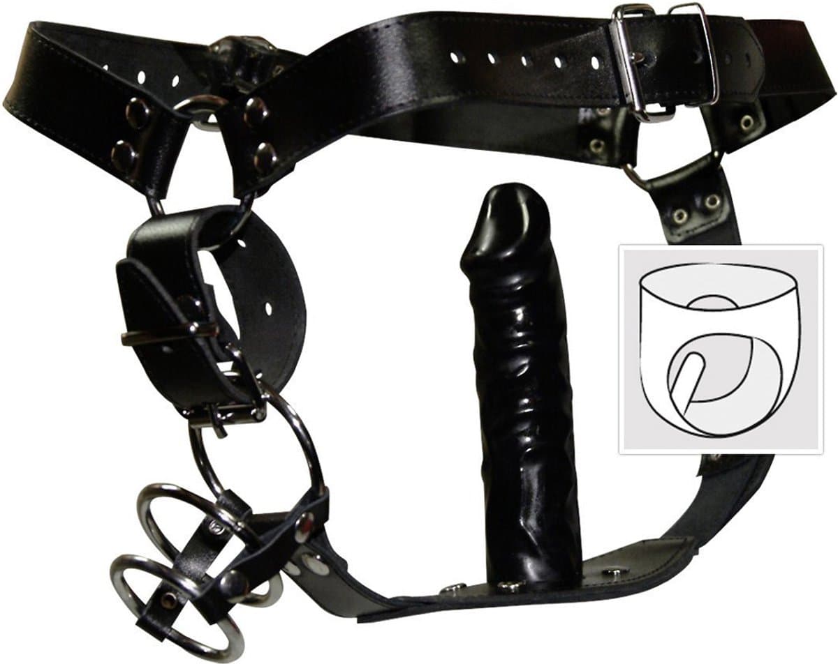 ZADO – Lederen Bondage String met 3 Penis Ringen en Anale Dildo voor Goed Gevuld Gevoel Maat L/XL – Zwart — afbeelding 1