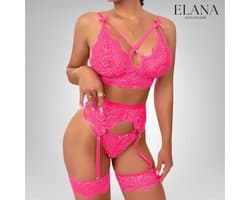 Elana Sorina – Luxe Kant Lingerie Set met Bh, String & Jarretels – Verleidelijke Dames Lingerie – L – Roze