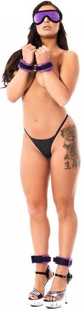 Rimba - Soft Bondage Set Handboeien Voetboeien Blinddoek - Zwart/Paars — afbeelding 1