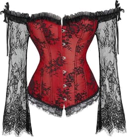 Corset Dames Rood Zwart Kant – Lange Mouwen Sexy — thumbnail 2