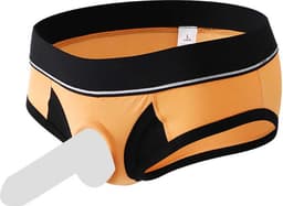 Oranje strakke heren slip met penis gat - BDSM ondergoed mannen - Korte string - Rollenspel - Erotiek - Zeer goede dikke kwaliteit polyester — thumbnail 3