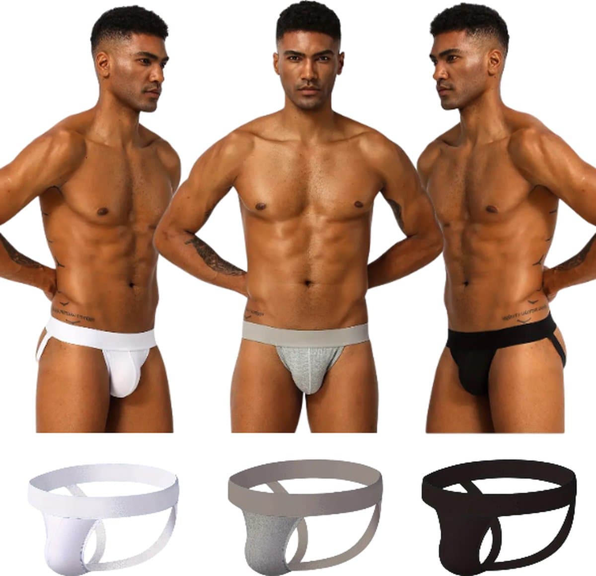 LekkerStout 3-Pack Jockstraps - Wit/Taupe/Zwart - Sexy Herenondergoed | L | ( LS184 ) — afbeelding 1