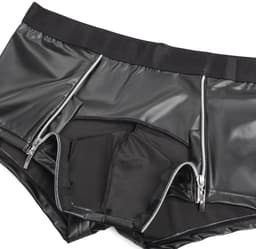 Sexy Heren Boxer Lederlook met Dubbele Rits - PU Wetlook Open Kruis Boxershort Mannen - Fetish & Clubwear - Maat M — thumbnail 4