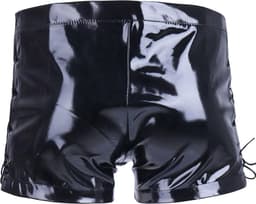 Korte porno broek mannen - Latex wetlook - Open pijpen met touw - Open kruis functie - Short — thumbnail 3