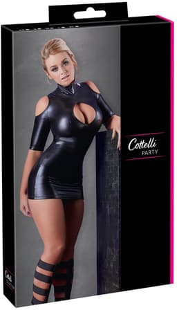 Cottelli Collection – Strakke Wetlook Mini Jurk met Open Schouders en Lange Mouwen voor Uitdaging – Maat XL – Zwart — thumbnail 5