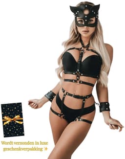 Sexy Lingerieset – Complete Set – Inclusief Masker, Handboeien & Harnas Body – Zwart – Verstelbaar – BDSM – Fetish Lingerie – PU Leer – B.I.T.C.H. – Wasteland – Sexy Lingerie – Kinky Lingerie – Erotische Lingerie – Dare to Undress – One Size — thumbnail 1