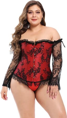 Corset Dames Rood Zwart Kant – Lange Mouwen Sexy — thumbnail 3