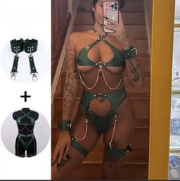 SCHEFMAN® Lederen harnas vrouwen | Erotische taille band goth bretel | Lingerie set | Full body bondage - Groen — thumbnail 1