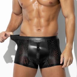 Zwarte Low Rise Heren Boxer met Rits – Ademend Mesh & PU-Leren Front – Sexy Stretch Ondergoed voor Mannen- Maat L — thumbnail 2