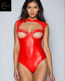 Sexy Lingerie Body Dames – Luxe Lingerie – Rood – Wetlook Lingerie met Cut-Out Detail – Lak – Latex – Erotische Lingerie – Bodysuit – Lingerieset – Kinky – Erotische Body – BDSM – Shapewear Corset – Leer – PU Top – Dare to Undress Maat S, M, L, XL — thumbnail 1
