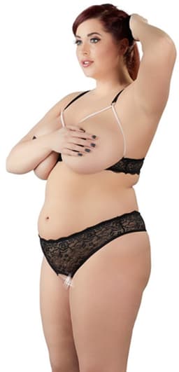 Cottelli Plus Size –  Lingerie Set van Kant Open Kruis en Borsten met Parelbanden – Maat L – Zwart — thumbnail 3