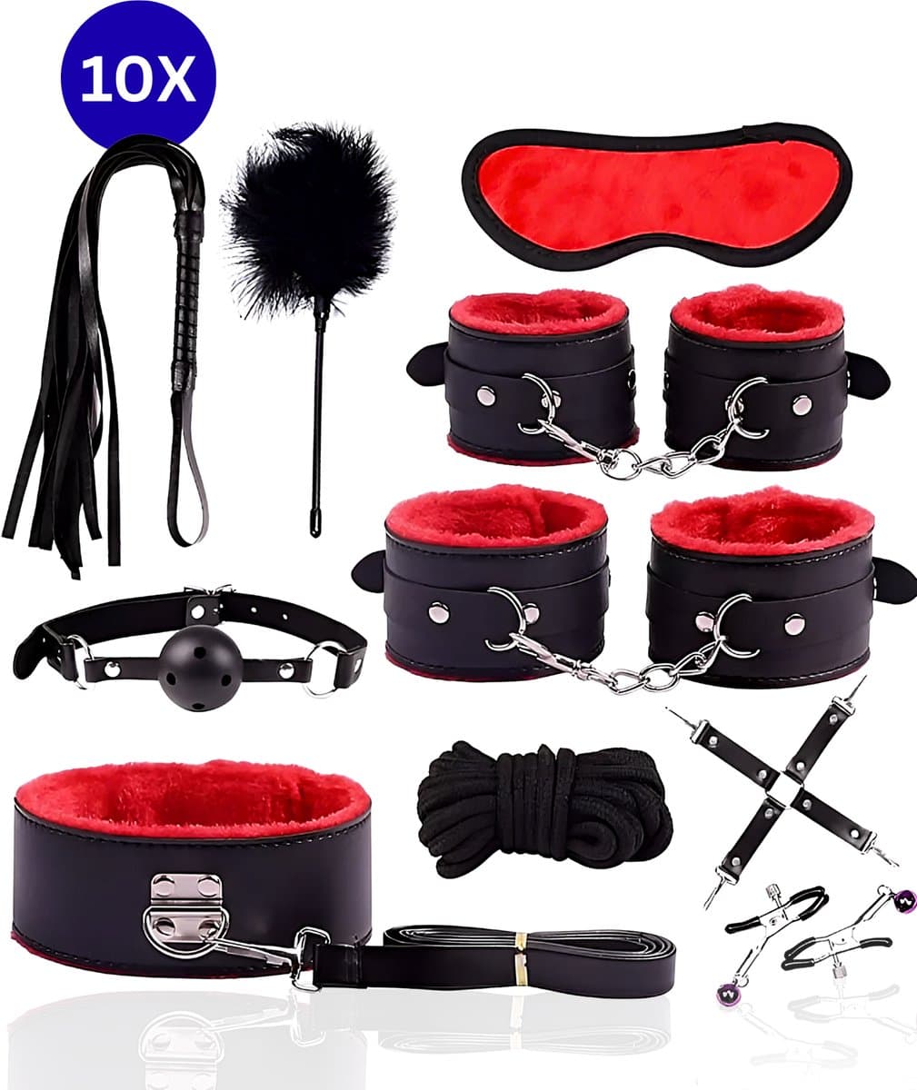 Toys Hub® Luxe BDSM Set voor Koppels - Bondage - Oogmasker – Zweep – Tepelklemmen - BDSM Extreme – Sex Toys Couples – Verstelbaar - Premium Opbergtas — afbeelding 1