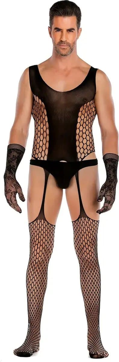 LekkerStout Heren Jarretelbody - Handschoenen - Zwart - Sexy Herenlingerie | M-XL | ( LS159 ) — afbeelding 1