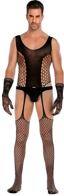 LekkerStout Heren Jarretelbody - Handschoenen - Zwart - Sexy Herenlingerie | M-XL | ( LS159 ) — thumbnail 1