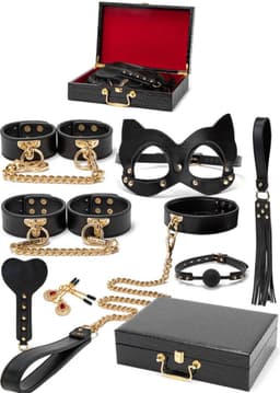 BDSM Luxe koffer - BDSM Reisset - leren koffer - Spankplank - Handboeien - Halsband met Riem - cat mask - Ball Gag - zweep - luxe koffer - goud - zwart — thumbnail 4