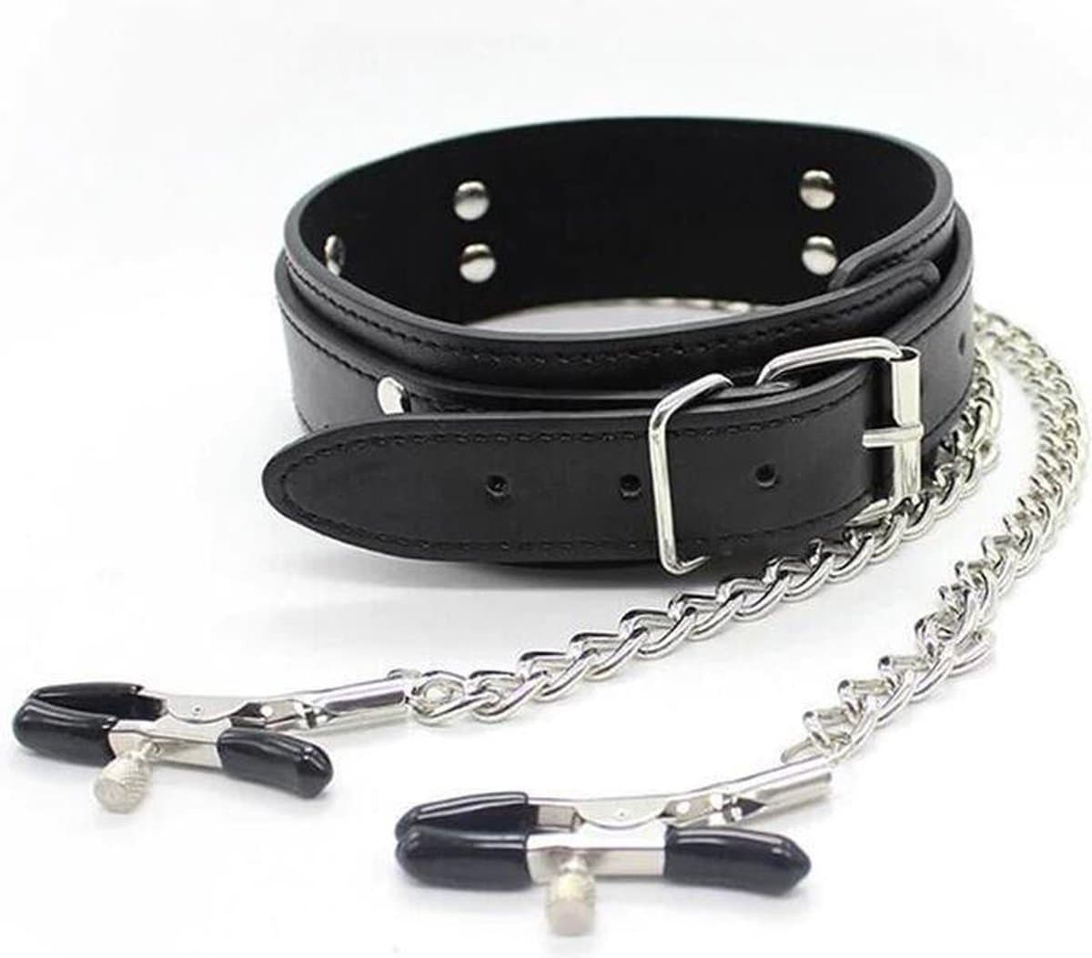 Bdsm Collar met tepelklemmen Bondage - Erotiek - Slave - Tepelklemmen - Lederen Ketting — afbeelding 1