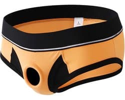 Oranje strakke heren slip met penis gat - BDSM ondergoed mannen - Korte string - Rollenspel - Erotiek - Zeer goede dikke kwaliteit polyester
