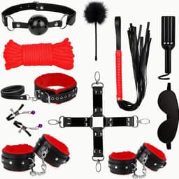 11 stuks BDSM Bondage Volwassen Speel Bondage Gag Blinddoek Spanking Paddle Veilig Bed BDSM Kit Boeien Nipple Clamps Whip Ball Gag Rope Role Play Sex Toy Voor Vrouwen Paar (Zwart) — thumbnail 1
