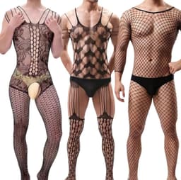 LekkerStout Visnet Bodystockings - 3-Pack - Open Kruis - Zwart - Sexy Herenlingerie | M-XL | ( LS102 ) — thumbnail 1