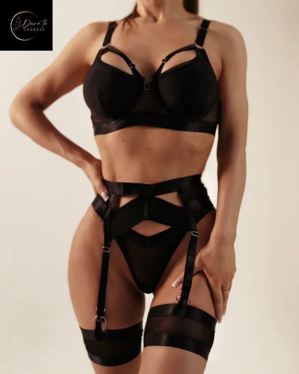 Luxe Lingerieset Dames – Sexy Lingerie – Erotische Lingerie Set – 4-delige Jarretelset – Zwart Kant – Beugel BH – High Waist Lingerie – Boudoir Set – Chique – High End – Madam Hommard – Exclusief – Cadeau Set – Dare to Undress – XS, S, M, L — afbeelding 1