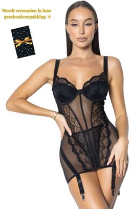 Luxe Lingerieset Dames – Sexy Lingerie – Erotische Lingerie Set – Corset Lingerie met Jarretels – Zwart Kant – Beugel BH – High Waist Lingerie – Boudoir Set – Chique – High End – Madam Hommard – Exclusief – Cadeau Set – Dare to Undress – XS, S, M, L — thumbnail 1