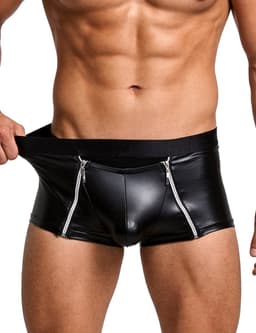 Sexy Heren Boxer Lederlook met Dubbele Rits - PU Wetlook Open Kruis Boxershort Mannen - Fetish & Clubwear - Maat XL — thumbnail 1